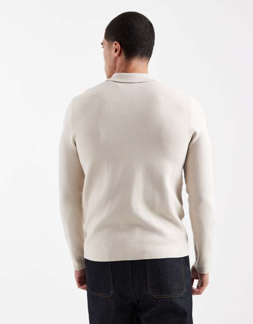 ONLY & SONS knitted half zip polo top in stone, 3 of 5