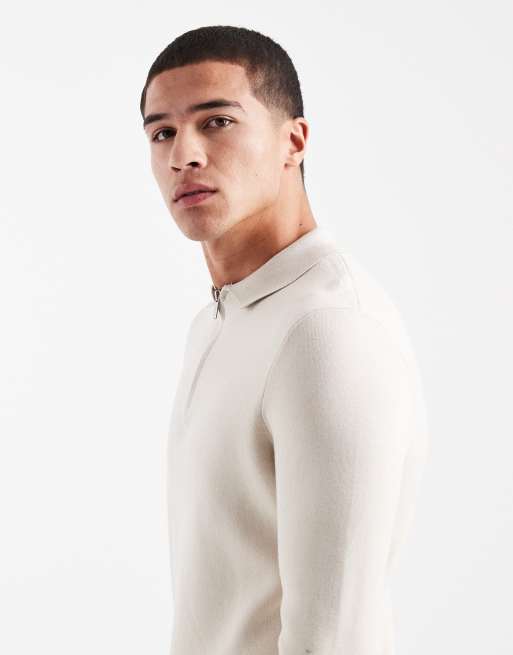 ONLY & SONS knitted half zip polo top in stone, 4 of 5
