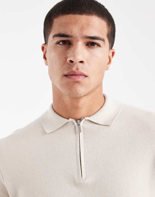 ONLY & SONS knitted half zip polo top in stone, 5 of 5