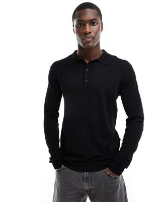 ONLY & SONS knitted long sleeve polo in black