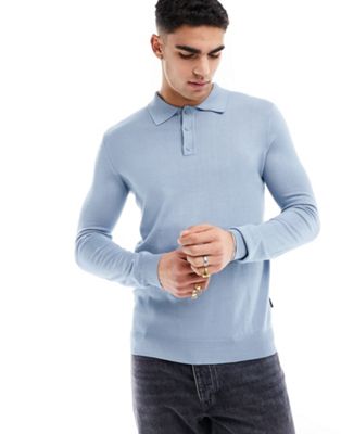 ONLY & SONS knitted long sleeve polo in light blue