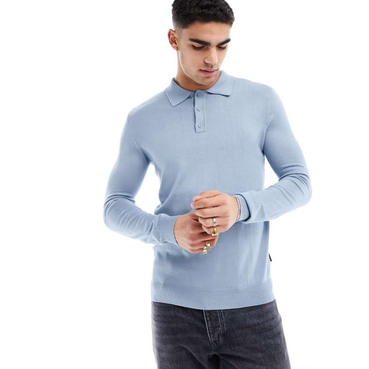 ONLY & SONS knitted long sleeve polo in light blue | ASOS