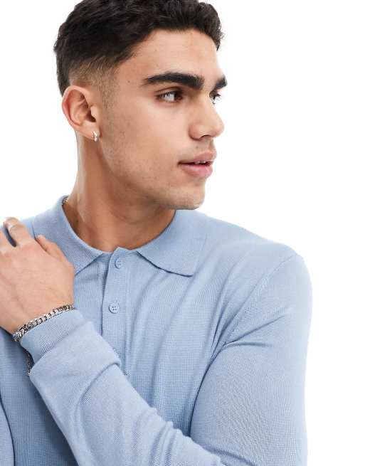 ONLY & SONS knitted long sleeve polo in light blue