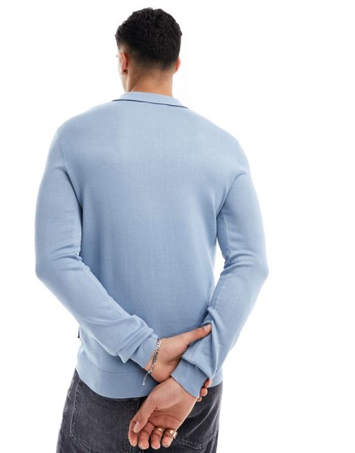 ONLY & SONS knitted long sleeve polo in light blue