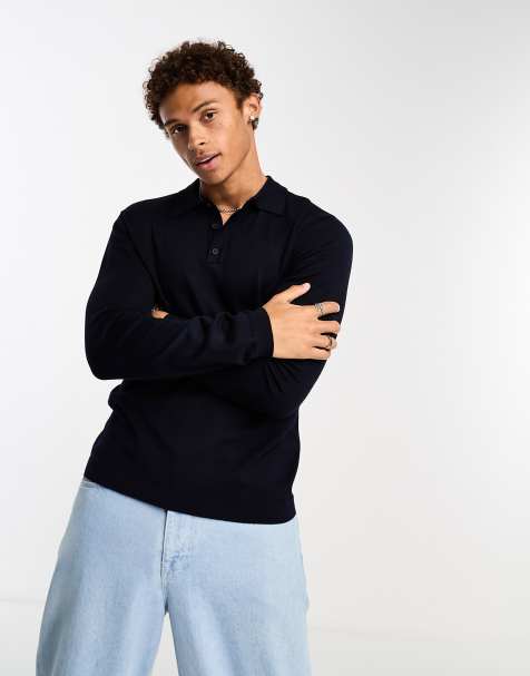 ONLY & SONS knitted long sleeve polo in navy - view 1