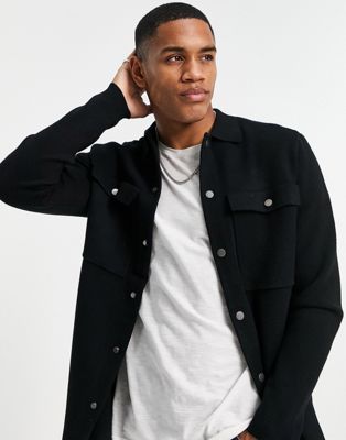 Only & Sons knitted overshirt with chest pockets in black