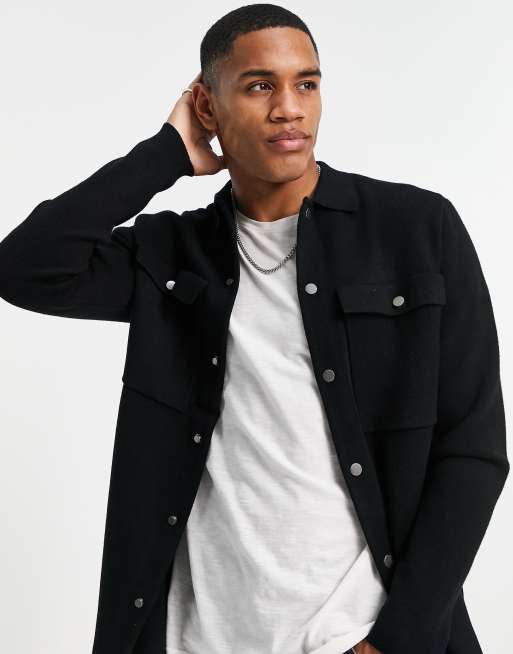 Only & Sons knitted overshirt with chest pockets in black | ASOS