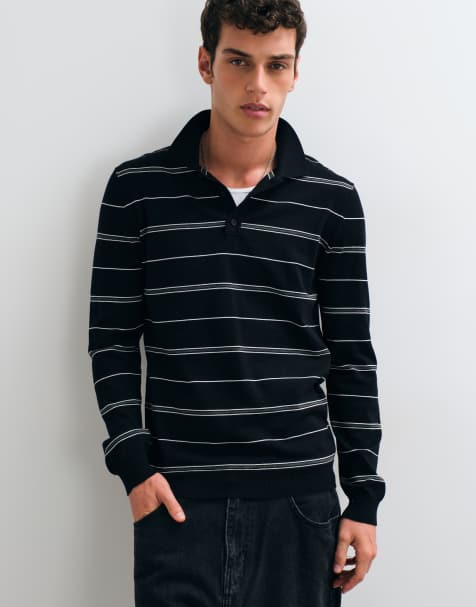ONLY & SONS knitted polo in black & grey stripes - view 1