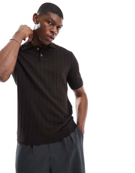 ONLY & SONS knitted polo in brown - view 1