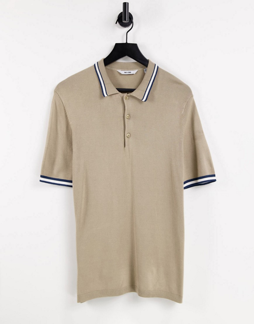 Only & Sons knitted polo shirt with tipping in beige-Neutral