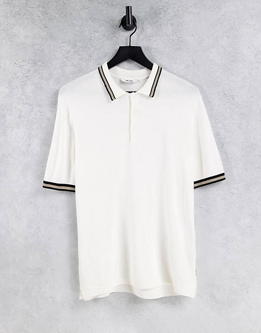 Only & Sons knitted polo shirt with tipping in white