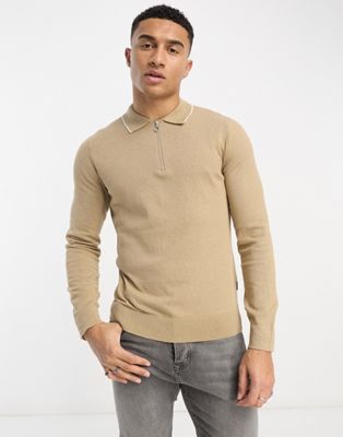 Only & Sons knitted polo with half zip in beige - ASOS Price Checker