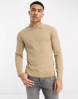 Only & Sons knitted polo with half zip in beige - ASOS Price Checker