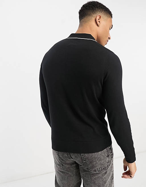 Only & Sons knitted polo with half zip in black