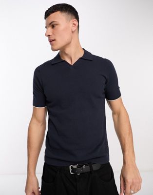 Only & Sons knitted polo with revere collar in navy
