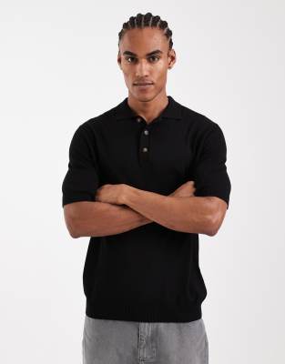 Only & Sons Knitted Short Sleeve Polo In Black