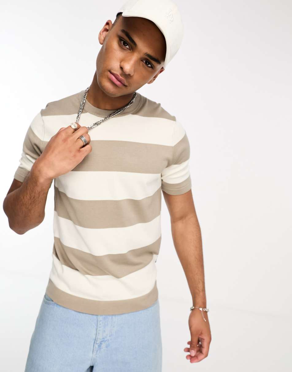 Only & Sons knitted t-shirt in beige stripe