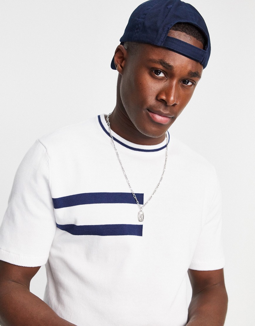 Only & Sons knitted t-shirt in white with navy chest stripe