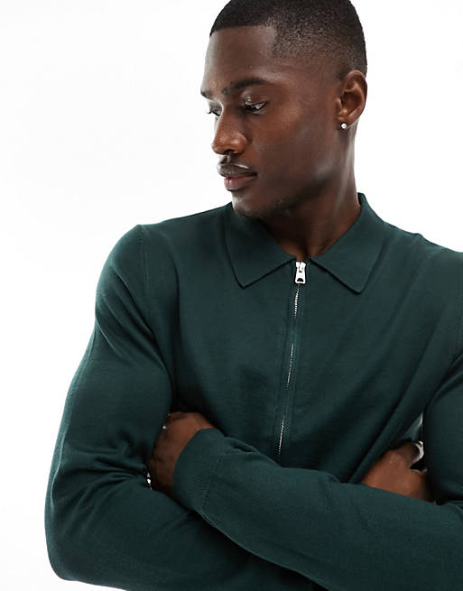 ONLY & SONS knitted zip through long sleeve polo in green | ASOS
