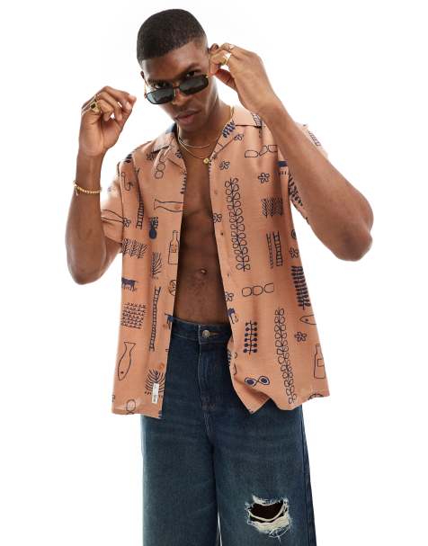 Only & Sons – Körperbetontes Hemd in verwaschenem Orange mit Reverskragen und Kritzel-Print - view 1