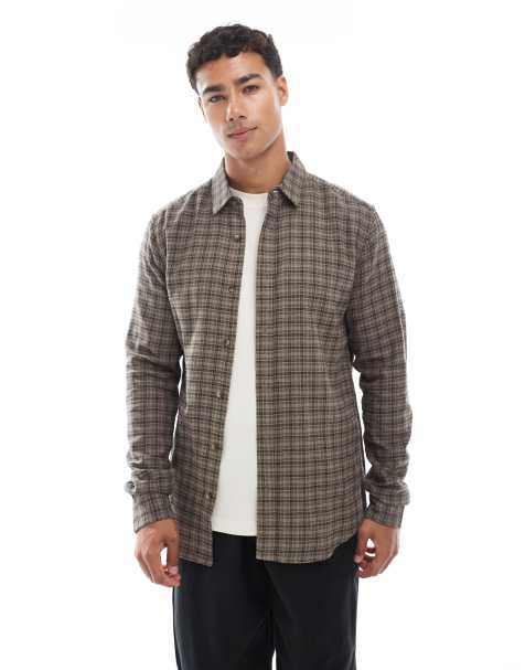 ONLY & SONS small check shirt in brown and black