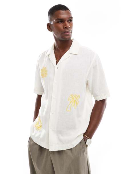 ONLY & SONS embroidered revere collar shirt in off white