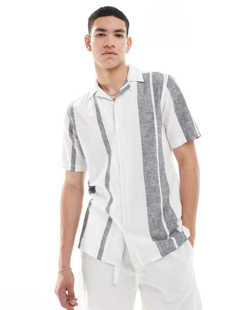 ONLY & SONS revere collar linen mix shirt in navy stripe