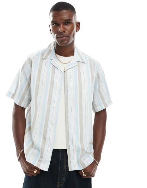 ONLY & SONS linen mix short sleeve shirt in beige & blue stripe