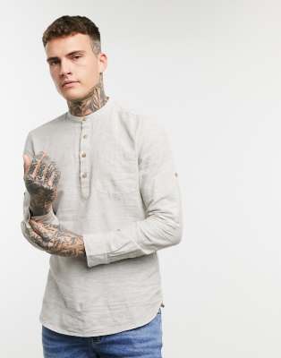 Only & Sons - Kraagloos overhemd van linnenmix in zandkleur