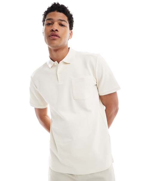 ONLY & SONS textured short sleeve polo in cream 