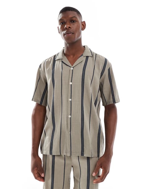 ONLY & SONS linen look shirt co-ord in beige stripe