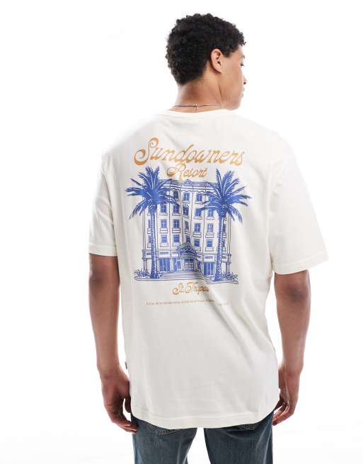ONLY & SONS – Kremowy T-shirt oversize z wakacyjnym nadrukiem na plecach