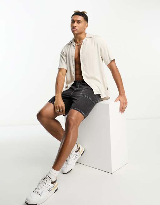 Only & Sons – Kurzärmliges Viskose-Hemd in Beige mit Reverskragen, 2 von 4
