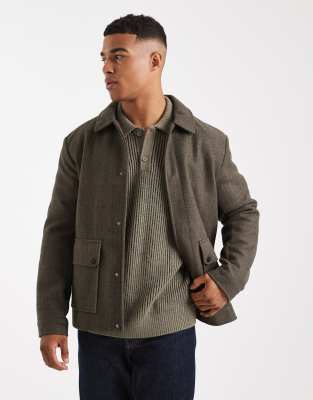 SONS - Kurze Jacke aus Wollimitat in dunklem Braun-Grün mit Taschendetail-Brown Brown L