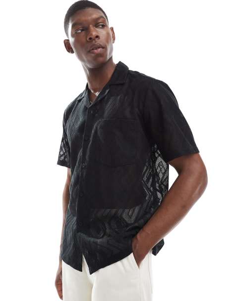 ONLY & SONS lace resort shirt in black - view 1