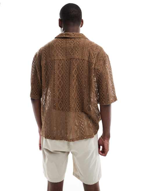 ONLY & SONS lace shirt in brown, 3 of 4