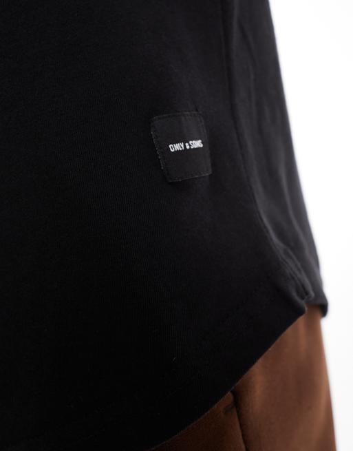 Only & Sons – Lang geschnittenes T-Shirt mit abgerundetem Saum in Schwarz, 2 von 4