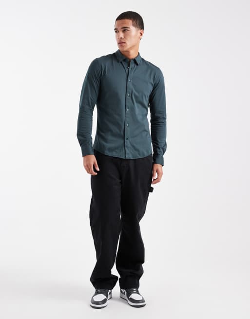 ONLY & SONS – Langärmliges, elastisches Slim Fit-Hemd in Dunkelgrün, 2 von 5