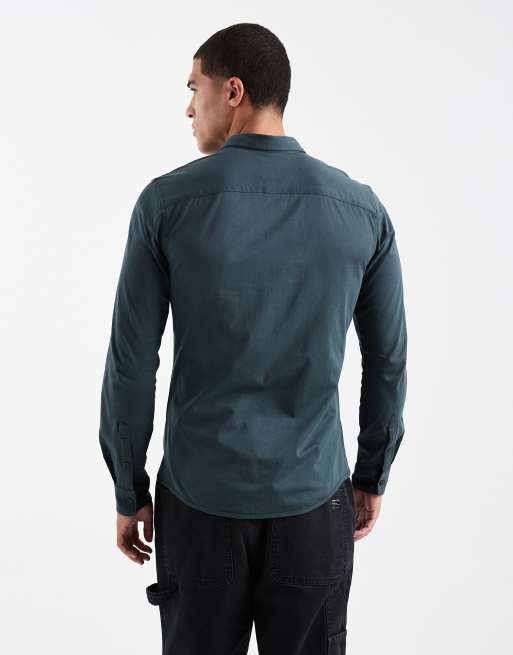 ONLY & SONS – Langärmliges, elastisches Slim Fit-Hemd in Dunkelgrün, 3 von 5