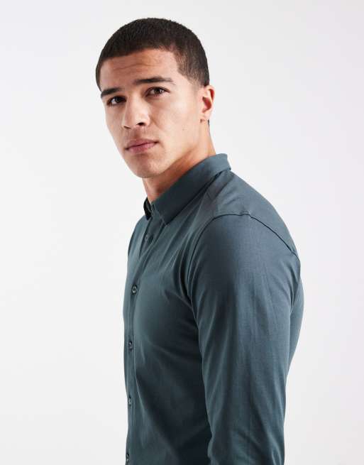 ONLY & SONS – Langärmliges, elastisches Slim Fit-Hemd in Dunkelgrün, 4 von 5