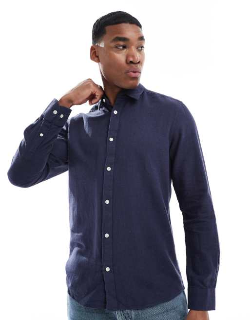 ONLY & SONS – Langärmliges Hemd aus Leinenmix in Marineblau