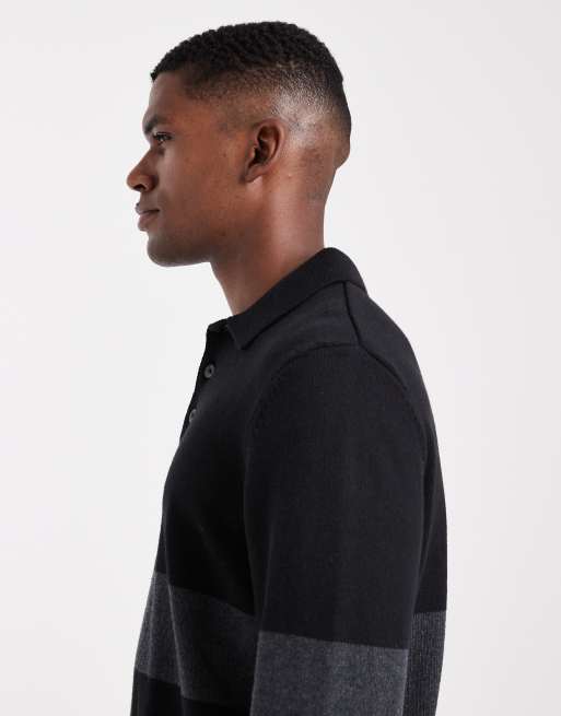 ONLY & SONS – Langärmliges Relaxed-Fit-Polohemd aus Strick in Schwarz mit grauen Streifen, 3 von 5