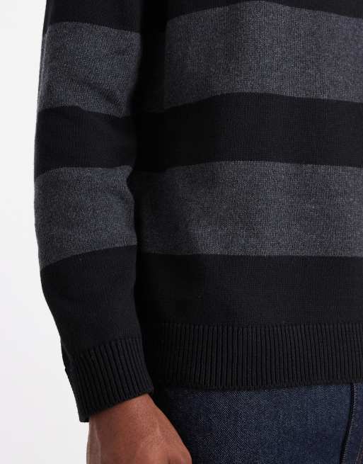 ONLY & SONS – Langärmliges Relaxed-Fit-Polohemd aus Strick in Schwarz mit grauen Streifen, 5 von 5