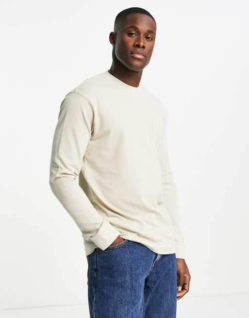 Only & Sons – Langärmliges T-Shirt in Beige mit Waffelstruktur 