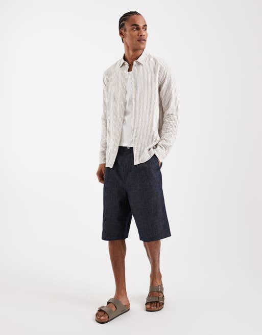ONLY & SONS - Langærmet skjorte i hørblanding med beige striber, 2 af 5