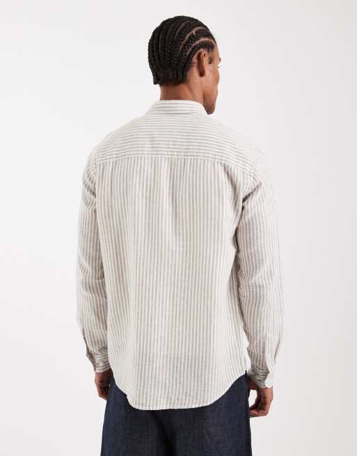 ONLY & SONS - Langærmet skjorte i hørblanding med beige striber, 3 af 5