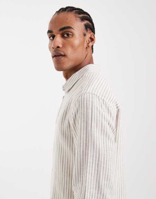 ONLY & SONS - Langærmet skjorte i hørblanding med beige striber, 4 af 5