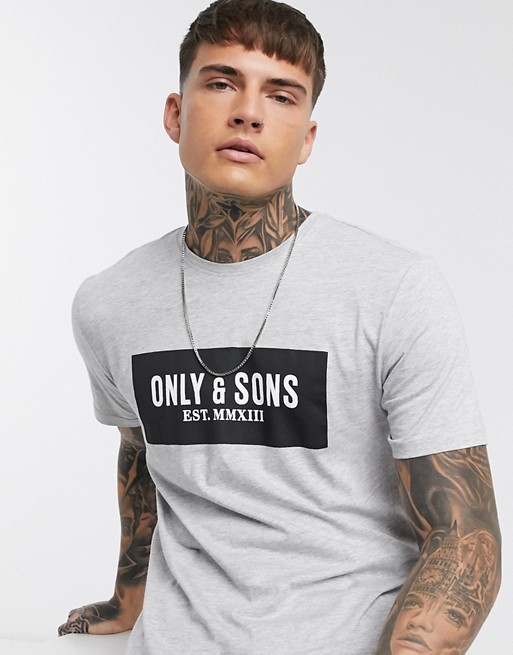 Only & Sons large chest logo t-shirt in light grey