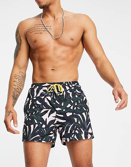 Only & Sons leaf print swim shorts in khaki and pink