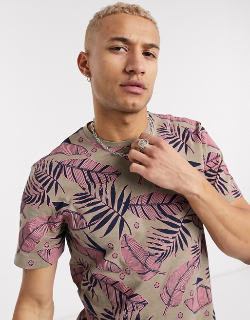 Only & Sons leaf print t-shirt in pink